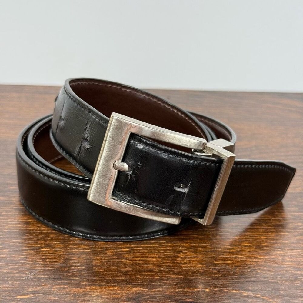 Men’s  Belt reversible black brown leather size 34 silver